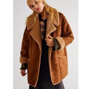 Free People NWT Diogo Toasted Almond Brown Sherpa Faux Suede Relaxed Fit Coat